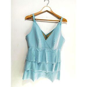 Swim by Cacique tankini flare babydoll extra support aqua blue stripes women 20